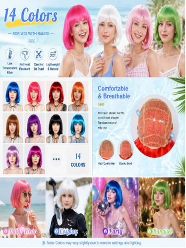 Short bob wig with bangs - short, neon