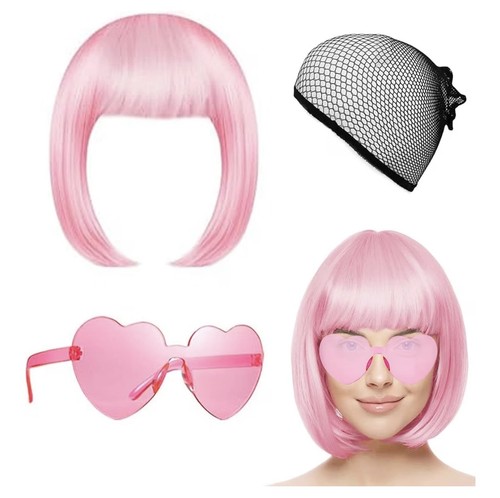 Pink bob wig with heart - pink,