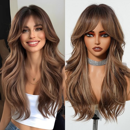Brown layered wig with - brown, curtain